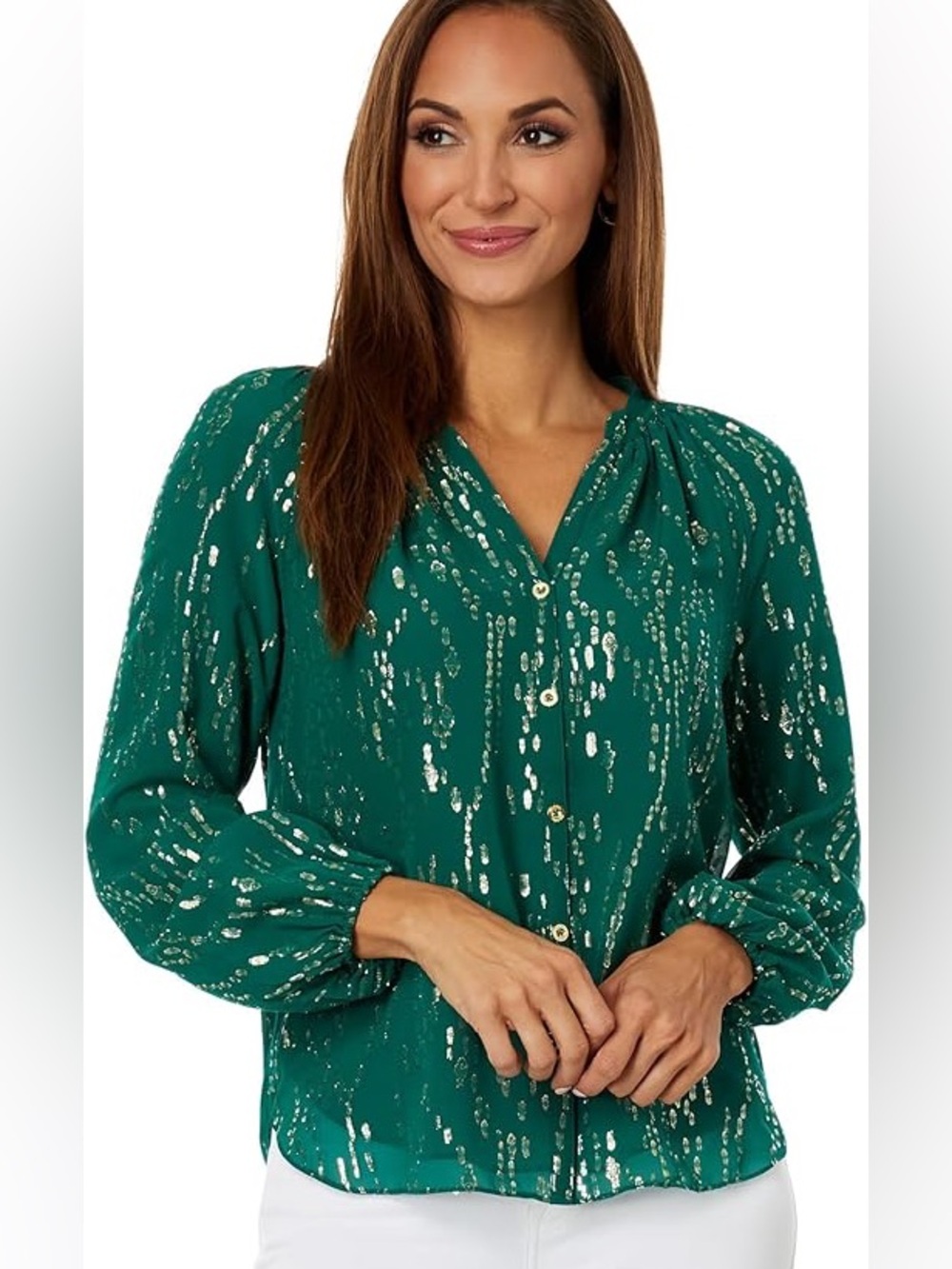 NWT Lilly Pulitzer Saige Long Sleeve Silk Top Evergreen Fish Clip Chiffon Sz S